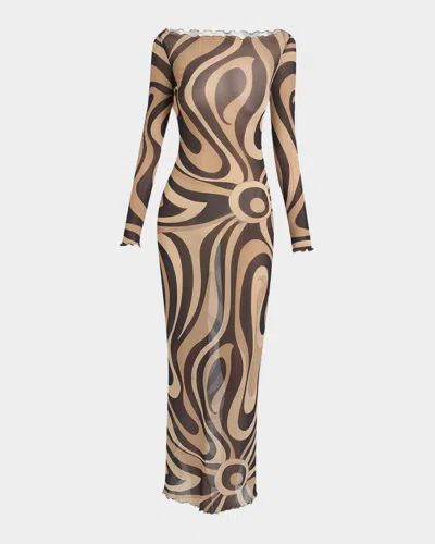 Pucci Marmo Tulle Long-sleeve Maxi Dress In Brown