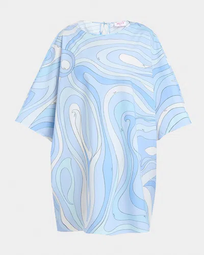 Pucci Marmo-print Cotton Poplin Mini Caftan Dress In Blue