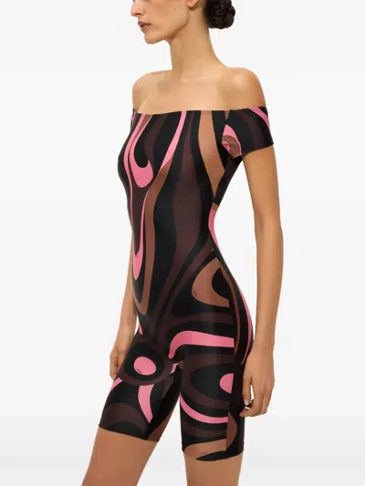 Pucci Marmo-print Off-shoulder Playsuit In Brown