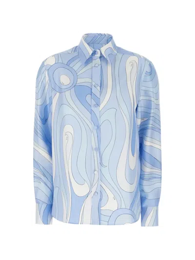 Pucci Pale Blue Marmo-print Silk Twill Shirt