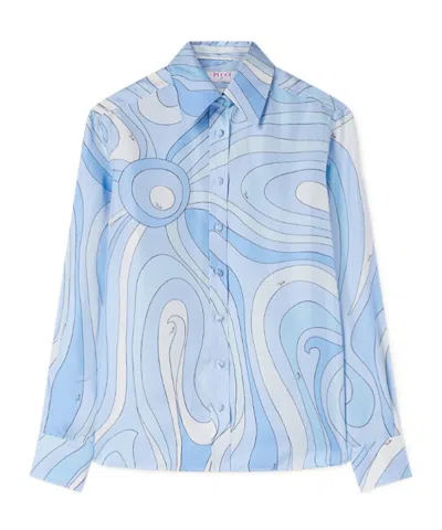 Pucci Marmo-print Silk Shirt In Blue