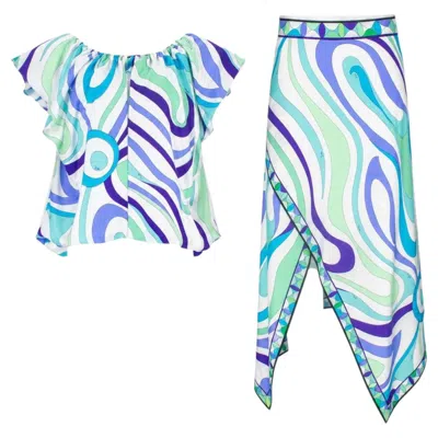 Pre-owned Pucci Marmo-print Silk Top & Skirt Co-ord Set In Blue