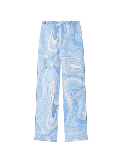 Pucci Marmo-print Silk Trousers In Blue