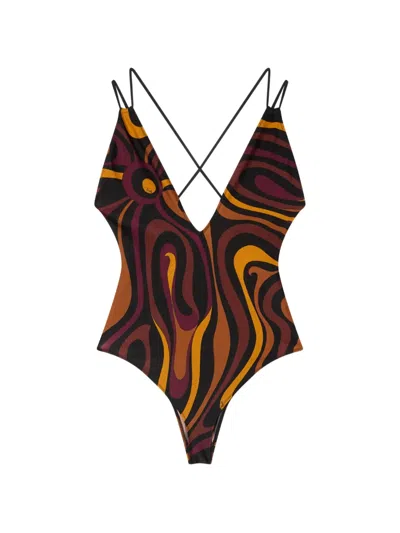 Pucci Printed Abstract One-piece Swimsuit In Burgundy