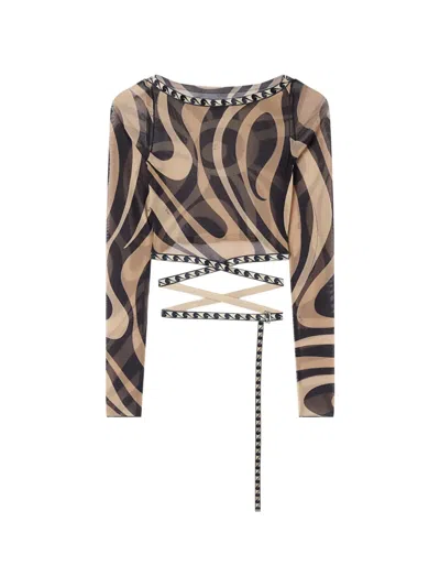 Pucci Marmo-print Tulle Crop Top In Brown