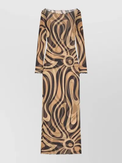 Pucci Maxi Dress Long Sleeves Sheer Abstract Scalloped In Brown