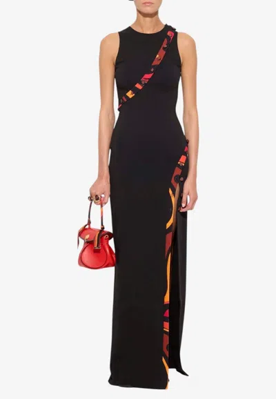 Pucci Maxi Fitted Dress With Printed-trims In Black