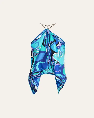 Pucci Men's Silk Twill Orchidee-print Halter-chain Top In Turquoise