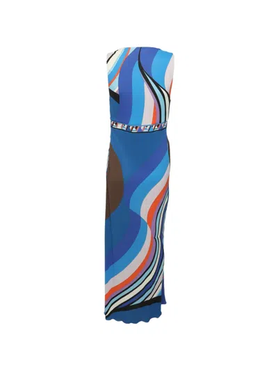 Pre-owned Pucci Midi Geometric-print Sleeveless Dress In Blue