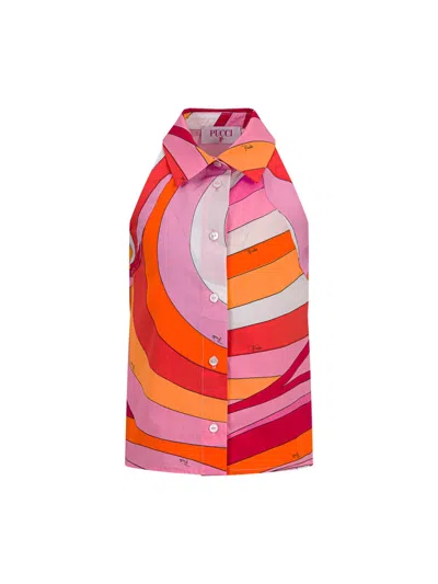 Pucci Mini Sleeveless Cotton Shirt For Girls In Orange