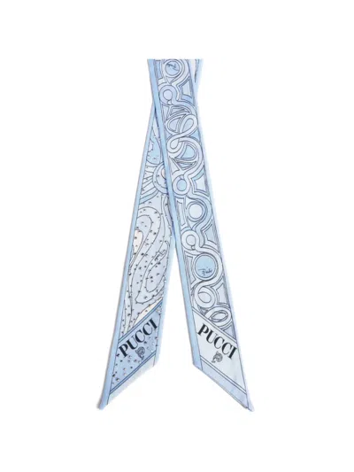 Pucci Mixed-print Silk Twill Scarf With Rhinestones In Blue
