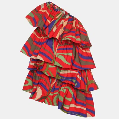 Pre-owned Pucci Multicolor Marmo Print Poplin Tiered One Shoulder Mini Dress M