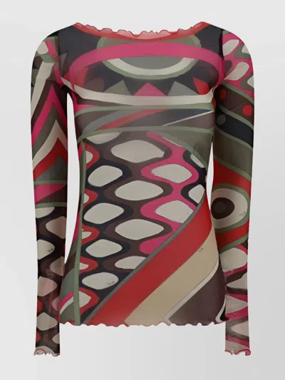 PUCCI MULTICOLOR PATTERN BELL CUFFS BOAT NECK TOP