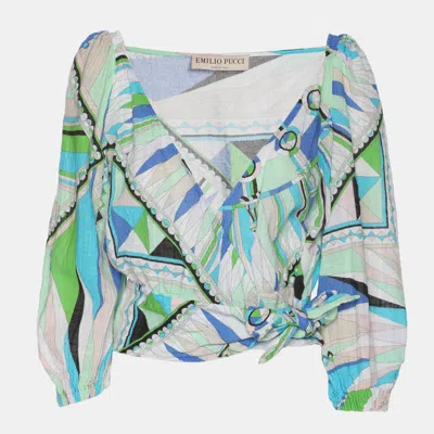 Pre-owned Pucci Multicolor Printed Cotton Knit Long Sleeve Crop Top M