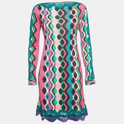 Pre-owned Pucci Multicolor Printed Jersey Lace Detail Mini Dress M