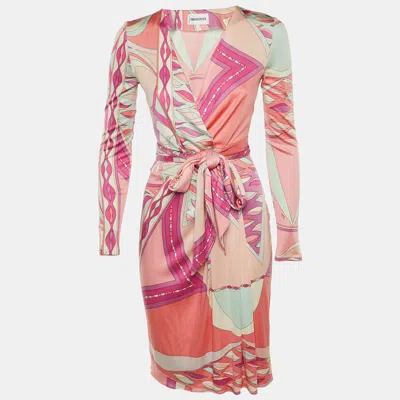 Pre-owned Pucci Multicolor Printed Silk Jersey Belted Midi Dress M In Pink