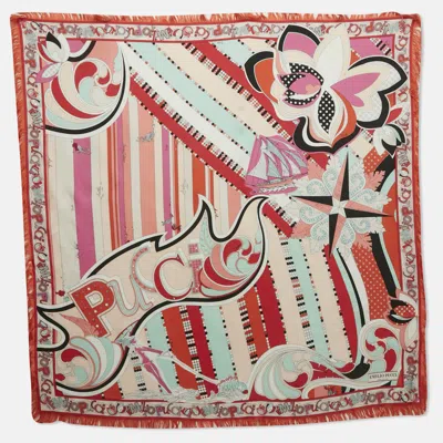 Pre-owned Pucci Multicolor Printed Silk Square Scarf In Orange