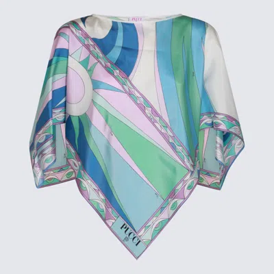 Pucci Multicolor Silk Top In Celeste/bianco