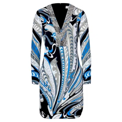 Pre-owned Pucci New Emilio  Kaleidoscope Print Silk Cady Embroidered Kaftan Tunic Dress 44 In Gray
