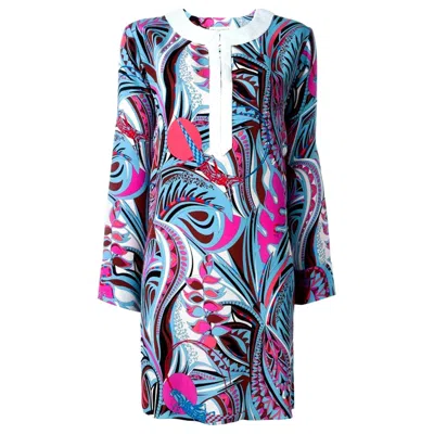 Pre-owned Pucci New Emilio  Signature Print Embellished Cady Silk Tunic Kaftan Dress 44 In Gray