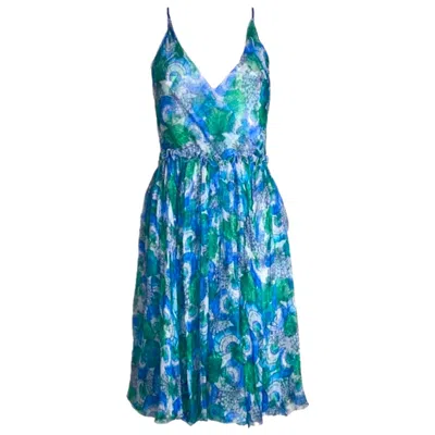 Pre-owned Pucci New Emilio  Signature Print Seashells Chiffon Silk Plissee Pleated Dress 40 In Blue