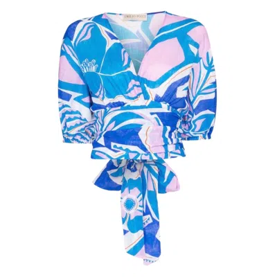 Pre-owned Pucci New Emilio  Signature Tropical Print Wrap Blouse Top 38 In Blue
