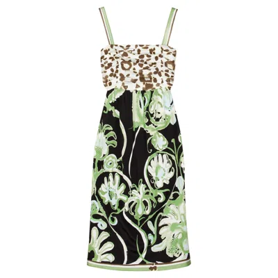 Pre-owned Pucci New Emilio  Silk Jungle Cheetah Animal Floral Botanical Print Dress 40 In Sand