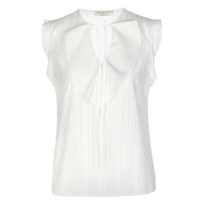Pre-owned Pucci New Emilio  White Laser Cut Perforated Top Business Blouse With Bowtie 44