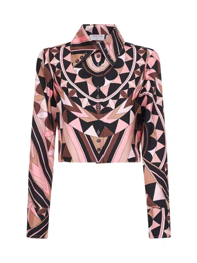 Pucci Nude Manuba-print Silk Twill Cropped Shirt In Pink