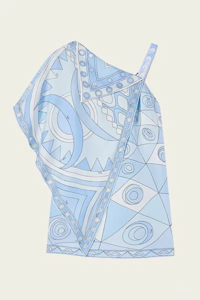 Pucci Occhi And Vivara Print Asymmetrical Silk Dress In Pale Blue