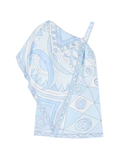 Pucci Occhi And Vivara Print Asymmetrical Silk Dress In Pale Blue