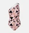 Pucci One Shoulder Tech Swimsuit Geometric Pattern In Pink