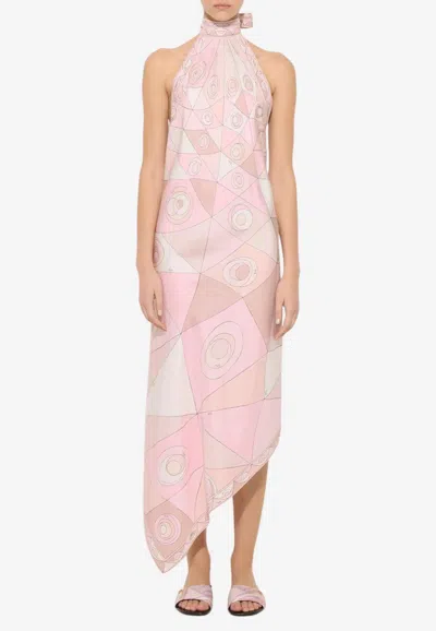 Pucci Occhi Print Asymmetric Silk Halter Dress In Pink