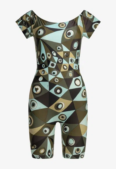 Pucci Occhi Print Off-shoulder Fitted Playsuit In Multi