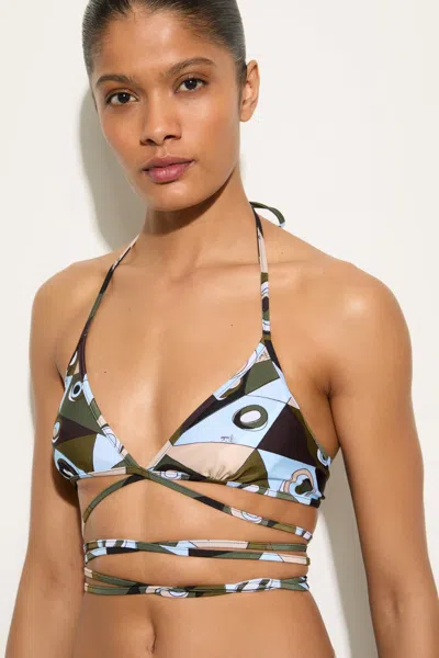 Pucci Occhi Print Triangle Bikini Top Khaki Blue In Multi