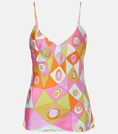 Pucci Silk Top Geometric Pattern Spaghetti Straps V Neckline In Multi