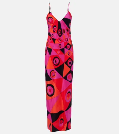 Pucci Fuchsia And Black Occhi-print Silk Crepe De Chine Long Lingerie Dress In Multi