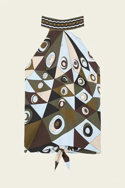 Pucci Occhi-print Sleeveless Silk Top In Khaki Blue In Brown
