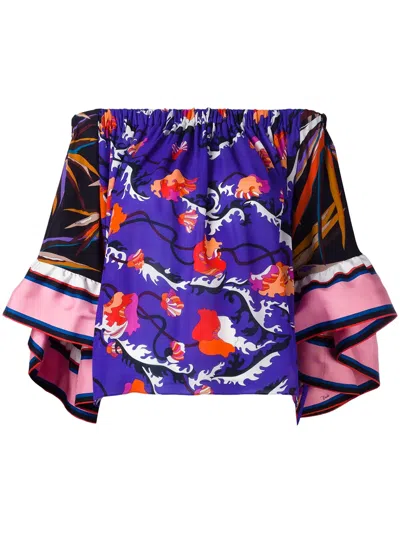 Pucci Off Shoulder Floral Blouse In Blue