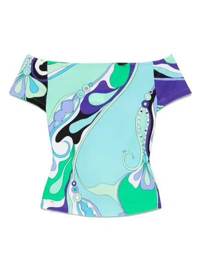 Pucci Slim Fit Green T-shirt With Vibrant Print And Off-shoulder Neckline