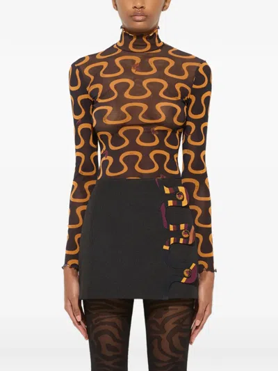 Pucci Onda Print High-neck Tulle Top In Brown