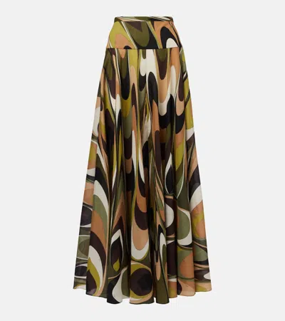 Pucci Pleated Printed Cotton-muslin Maxi Skirt In Green