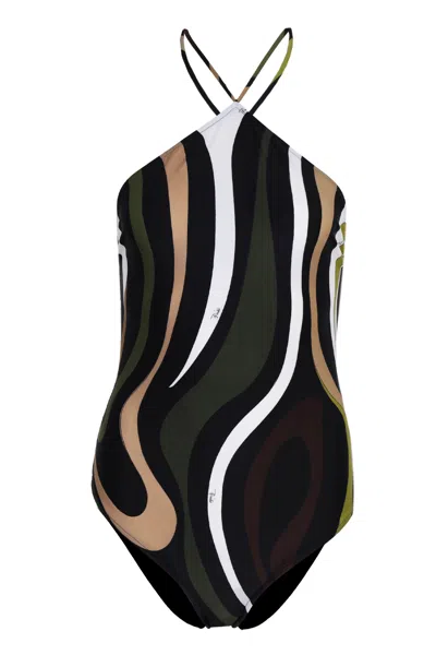 Pucci One-piece Swimsuit With Crossed Straps In Marble Print In Multi