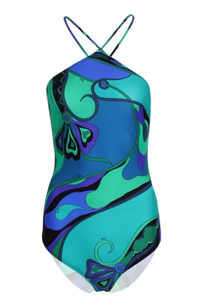 Pucci One-piece Swimsuit With Crossed Straps In Orchid Print In Blue