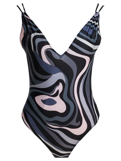 Pucci One-piece Swimsuit With Print Swimwear Black In Blue