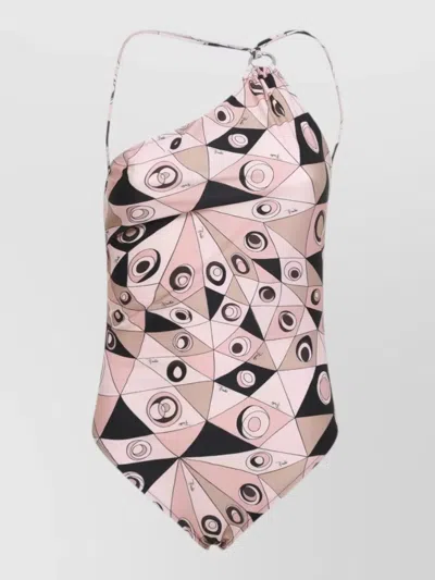 Pucci One Shoulder Tech Swimsuit Geometric Pattern In Nude