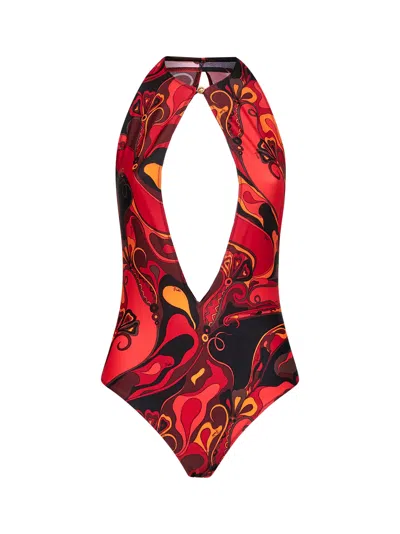 Pucci Orange And Black Orchidee-print Lycra One-piece Swimsuit In Red