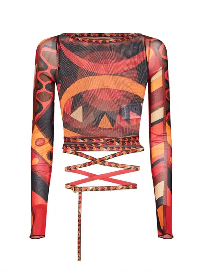 Pucci Orange And Black Vivara-print Tulle Cropped Top In Multi