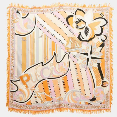 Pre-owned Pucci Orange/pink Printed Silk Fringed Scarf