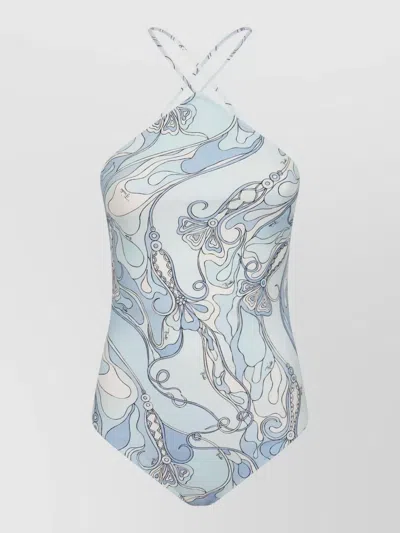 Pucci Chic Deep V-neck One-piece Swimsuit For Women In Blue